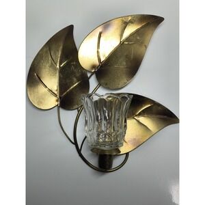 Vintage Brass Metal Leaves Wall Sconce Candle Holder Clear Glass HOMCO Tulip Cup